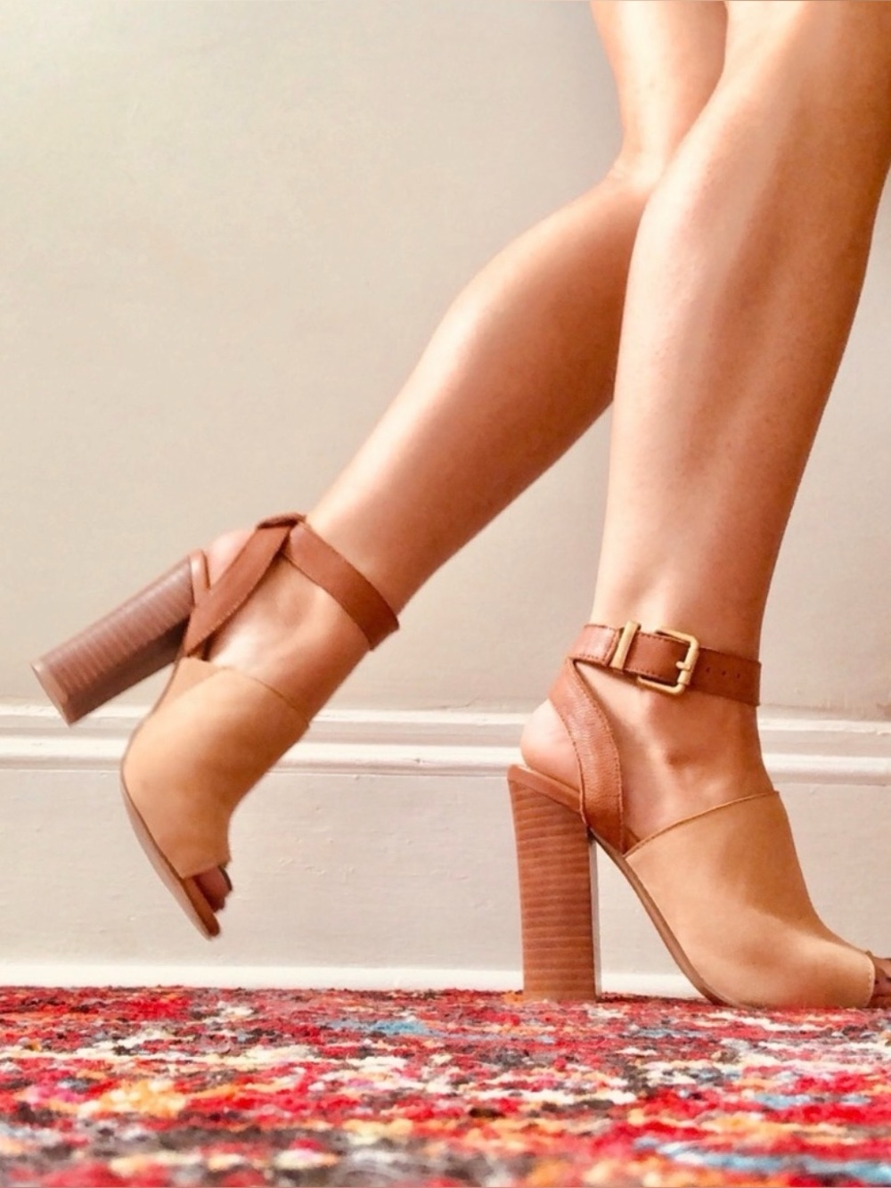 Steve Madden Toniann Tan Nubuck Peep Toe Sling Back Leather Block Heels Size 5.5